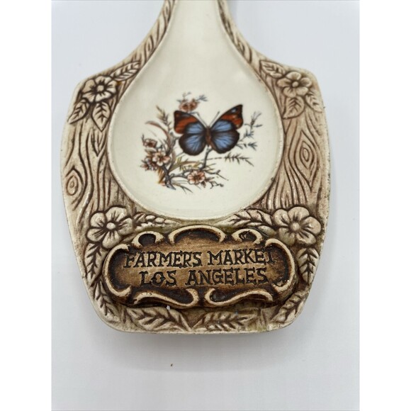 Vintage Treasure Craft Spoon Rest Butterfly Wood Look Farmers Market LA Souvenir - Picture 2 of 9